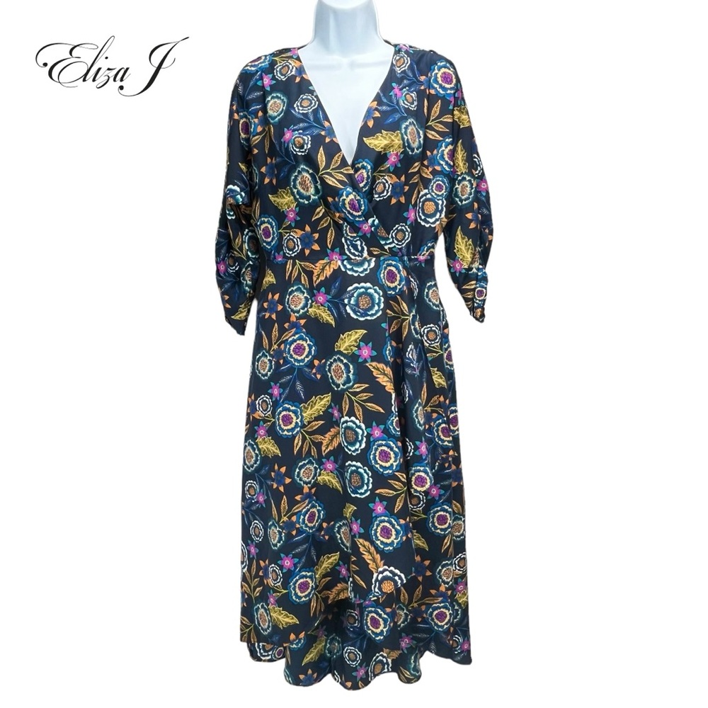 Eliza J Women 4 Blue Floral Wrap High Low Midi Dress